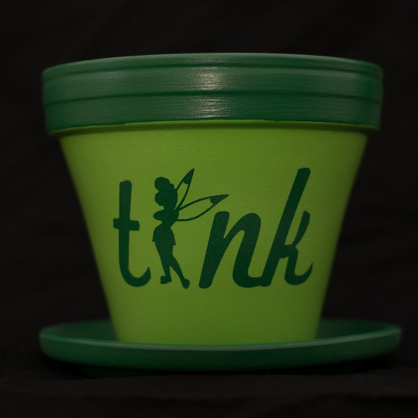 Tinkerbell Flower Pot, Hand Painted Terracotta Planter, 4 inch Pot with Saucer, Peter Pan Inspired, Tink, (P-DTBC-4S)