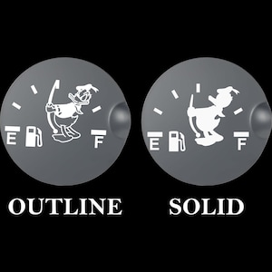 May include: Two gray fuel gauge designs, one outlined and one solid, featuring a cartoon duck with a bow and arrow. The gauges show "E" and "F" for empty and full, and a gas pump icon. The text "OUTLINE" and "SOLID" are below the gauges.
