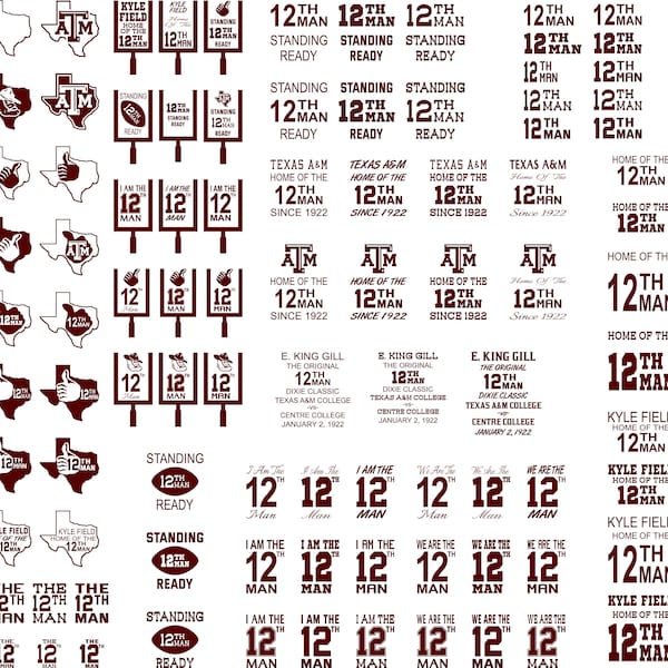 12th Man digital files bundle. 32 designs with over 100 variations. Png,Pdf,Jpg, and SVG digital files.  Influenced by Texas A&M traditions.