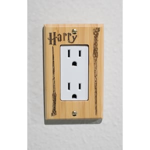 Magical Outlet Cover Set, Wizard Switch Plate, Laser Engraved Wood Decor, Character and their wand,  Magic School Inspired.