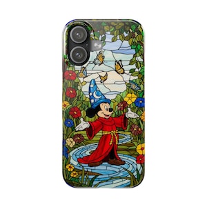 Fantasia Mickey Stained Glass slim iPhone Case, Sorcerer's Apprentice Phone Cover, Tiffany Style Art Accessory, for 26 phone models