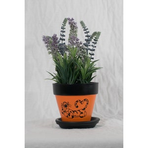 Tigger Flower Pot, Hand Painted Terracotta Planter, 4 inch Pot with Saucer, Inspired by the Winnie-the-Pooh stories. (P-DBBN-4S).