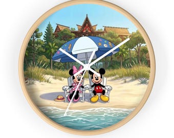 Magical Mice at a Beach Resort 10 Inch Wall Clock, Tropical Island Vacation Clock, Polynesian Decor, 3 Colors, Matching Bathroom Collection