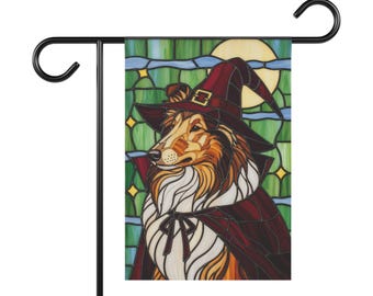 Rough Collie Witch Garden Flag, Halloween Stained Glass Yard Banner,: 12x18 inches