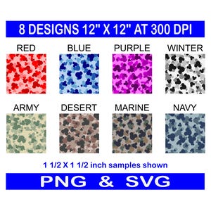 May include: Eight digital designs of camouflage patterns featuring Mickey Mouse ears. The designs are in red, blue, purple, gray, green, brown, black, and navy blue. The designs are 12 inches by 12 inches and 300 DPI. The text "PNG & SVG" is at the bottom of the image.