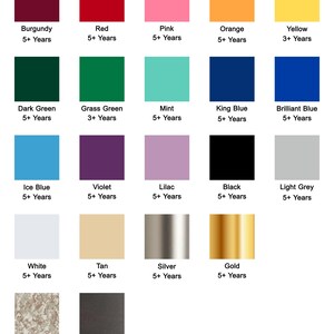 May include: A color chart displaying seventeen square swatches including burgundy, red, pink, orange, yellow, dark green, grass green, mint, king blue, brilliant blue, ice blue, violet, lilac, black, light grey, white, tan, silver, gold, digi camo, and brushed black.
