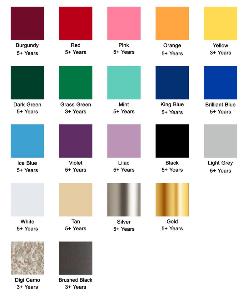 May include: A color chart displaying seventeen square swatches including burgundy, red, pink, orange, yellow, dark green, grass green, mint, king blue, brilliant blue, ice blue, violet, lilac, black, light grey, white, tan, silver, gold, digi camo, and brushed black.