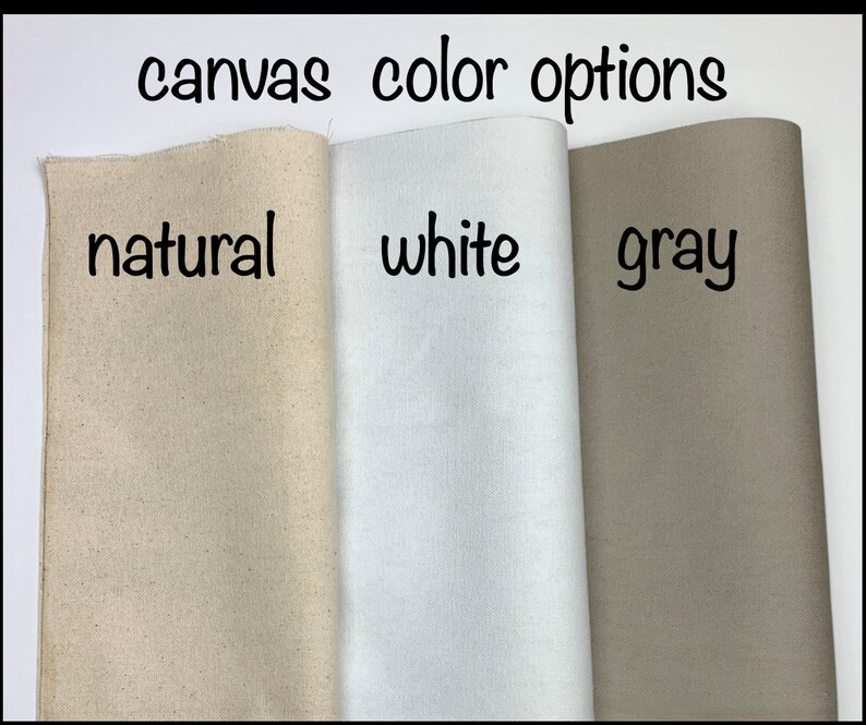 Op de afbeelding: Drie canvas stofstalen in de kleuren naturel, wit en grijs. De tekst "canvas kleur opties" staat boven de stalen. De tekst "naturel", "wit" en "grijs" staat onder elk staal.