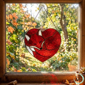 Puede incluir: Un adorno de ventana de vidrio manchado en forma de corazón con un zorro durmiente. El zorro es rojo con detalles blancos, dentro de un corazón rojo. El adorno se suspende con una cadena, con un fondo natural al aire libre visible.