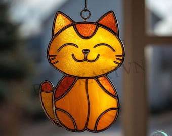 Digitale download gebrandschilderd glaspatroon schattig kat, moderne zonvanger, doe-het-zelf-gebrandschilderd glas