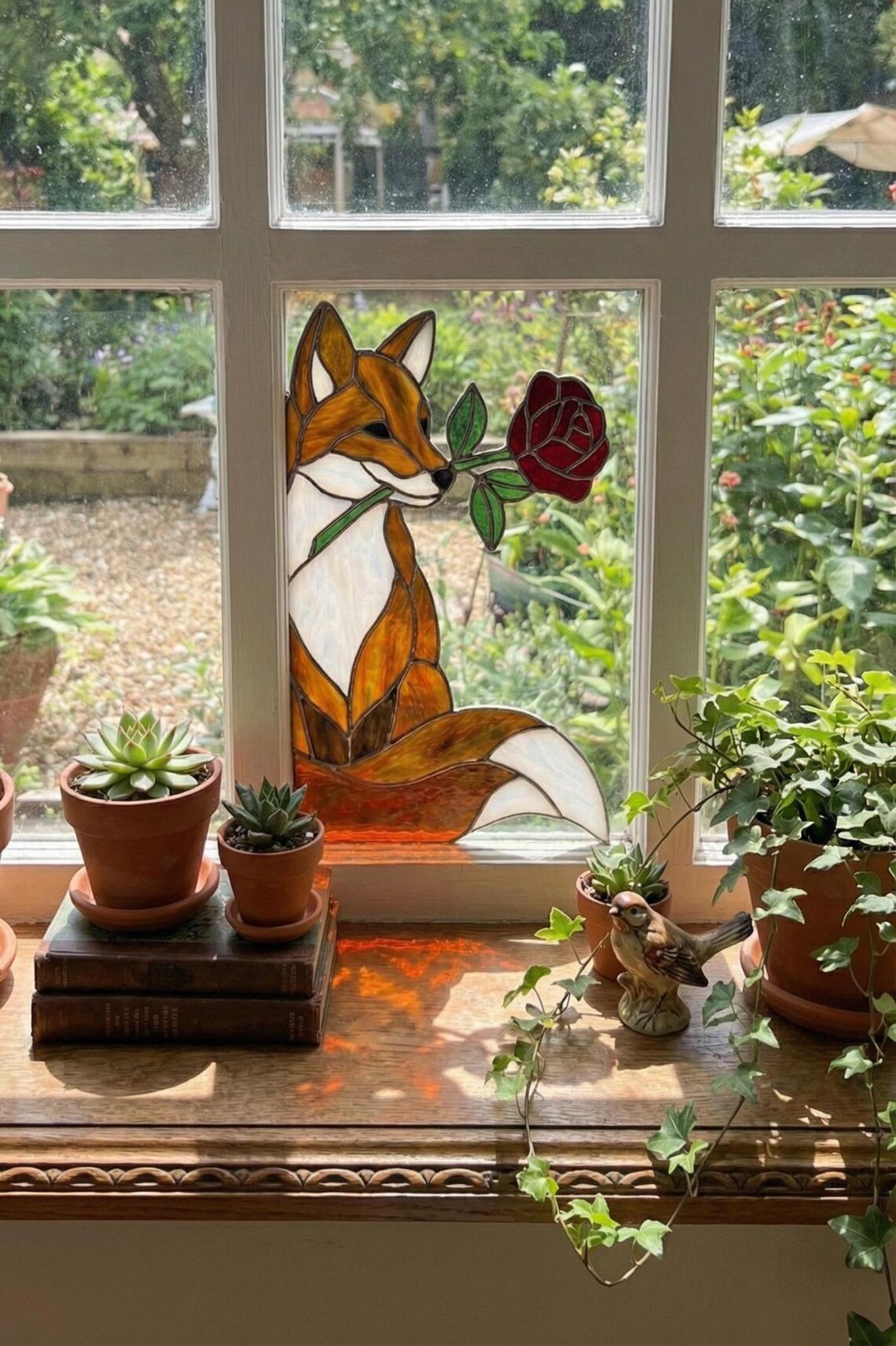 PA75 Stained Glass Window Corner Fox Rose Suncatcher Woodland Floral ...