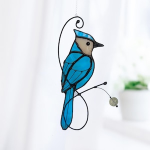 BL26 BLue Jay stained glass suncatcher , window hanging Fathers Day gifts Custom stained glass bird suncatcher Home Decor Window Art