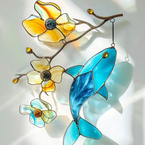 Digital Download killer whale and Flower V03 Stained Glass Pattern, Modern Suncatcher, Diy Stained Glass