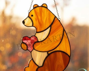 Digital Download Bear and Heart,Stained Glass Pattern,Modern Suncatcher