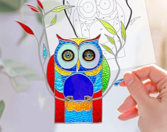 Digital file Owl Stained Glass Pattern, Modern Suncatcher, Diy Stained Glass, Birds , Easy art Hobby License Beginner to Intermediate