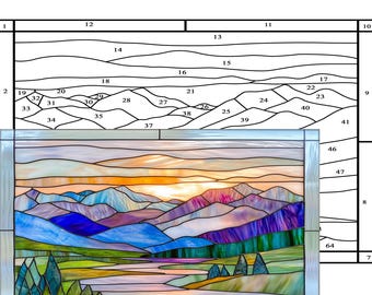 May include: Stained glass panel depicting a colorful mountain landscape at sunset. The artwork features shades of blue, purple, orange, and green, with a river and trees in the foreground. The panel is framed with a clear border.
