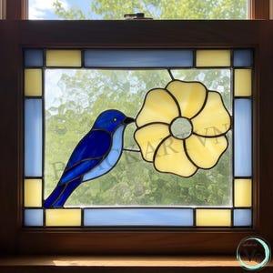 Pannello in vetro colorato con uccellino azzurro: moderno acchiappasole fai da te (download PDF/JPEG)