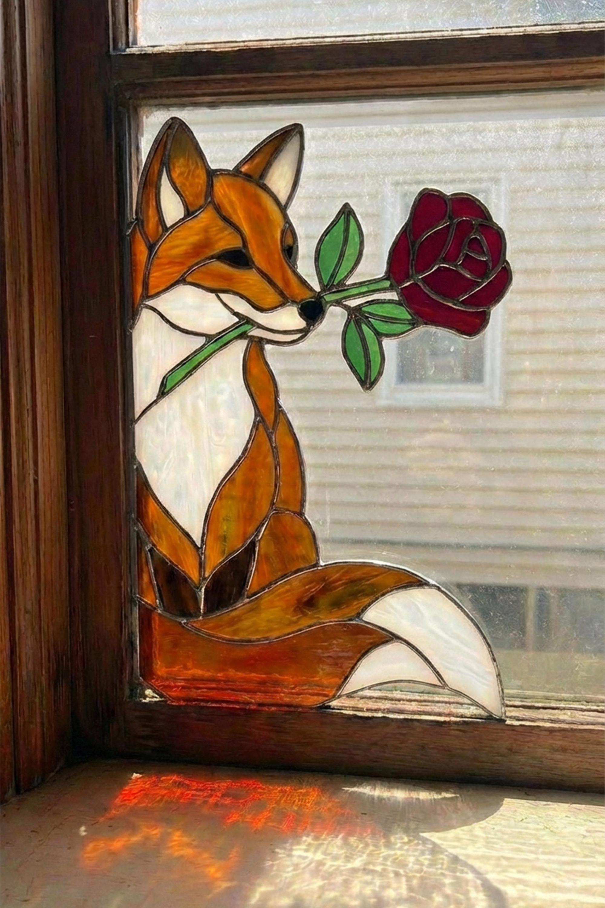PA75 Stained Glass Window Corner Fox Rose Suncatcher Woodland Floral ...