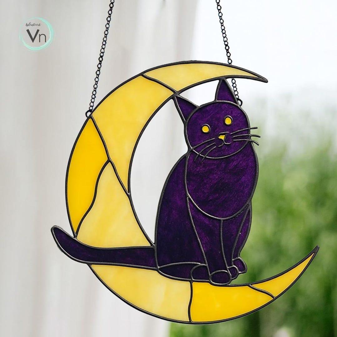 BT05 Digital Download Cat on the Moon Stained Glass Pattern, Modern ...