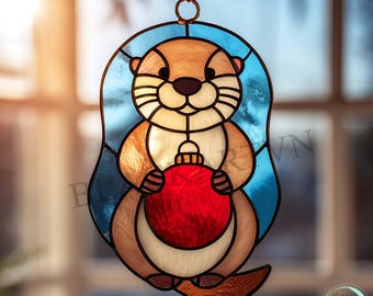 Descarga digital: Patrón de vitral con nutria y adorno navideño, atrapasol moderno