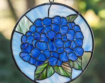 Download digital do padrão de vitral H01 com hortênsia azul, um moderno apanhador de sol para decoração de vitrais. Faça você mesmo!