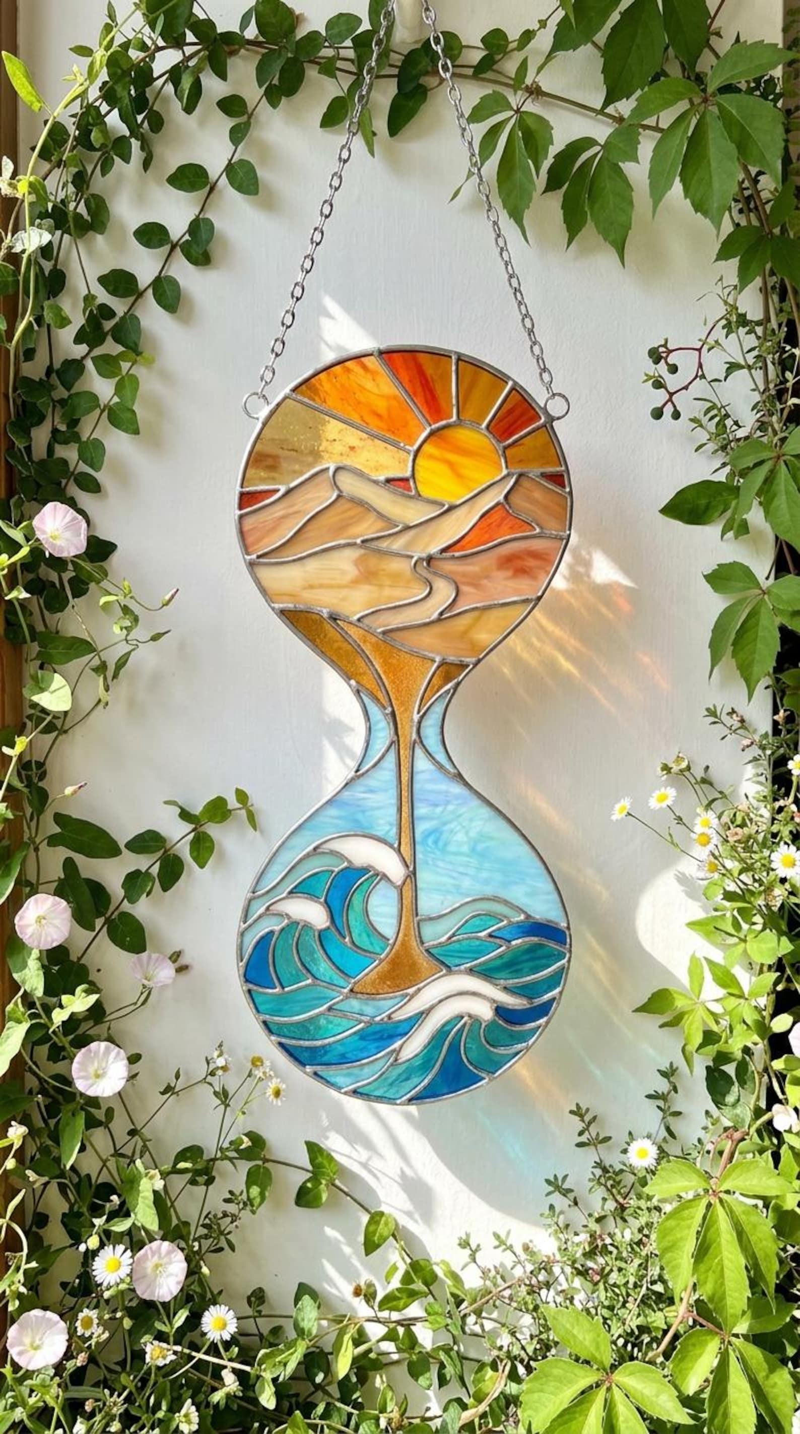 PA167 Hourglass Stained Glass Suncatcher Desert and Ocean Gift for Home ...