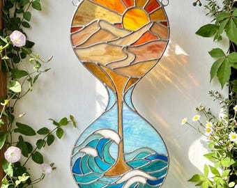 PA167  Hourglass Stained Glass Suncatcher Desert And Ocean  Gift for Home Decor and Loved Ones Digital Download
