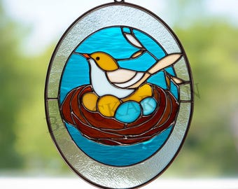 Digitaler Download Vögel und Vogelnester Glasmalerei, Moderner Suncatcher, Glasmalerei