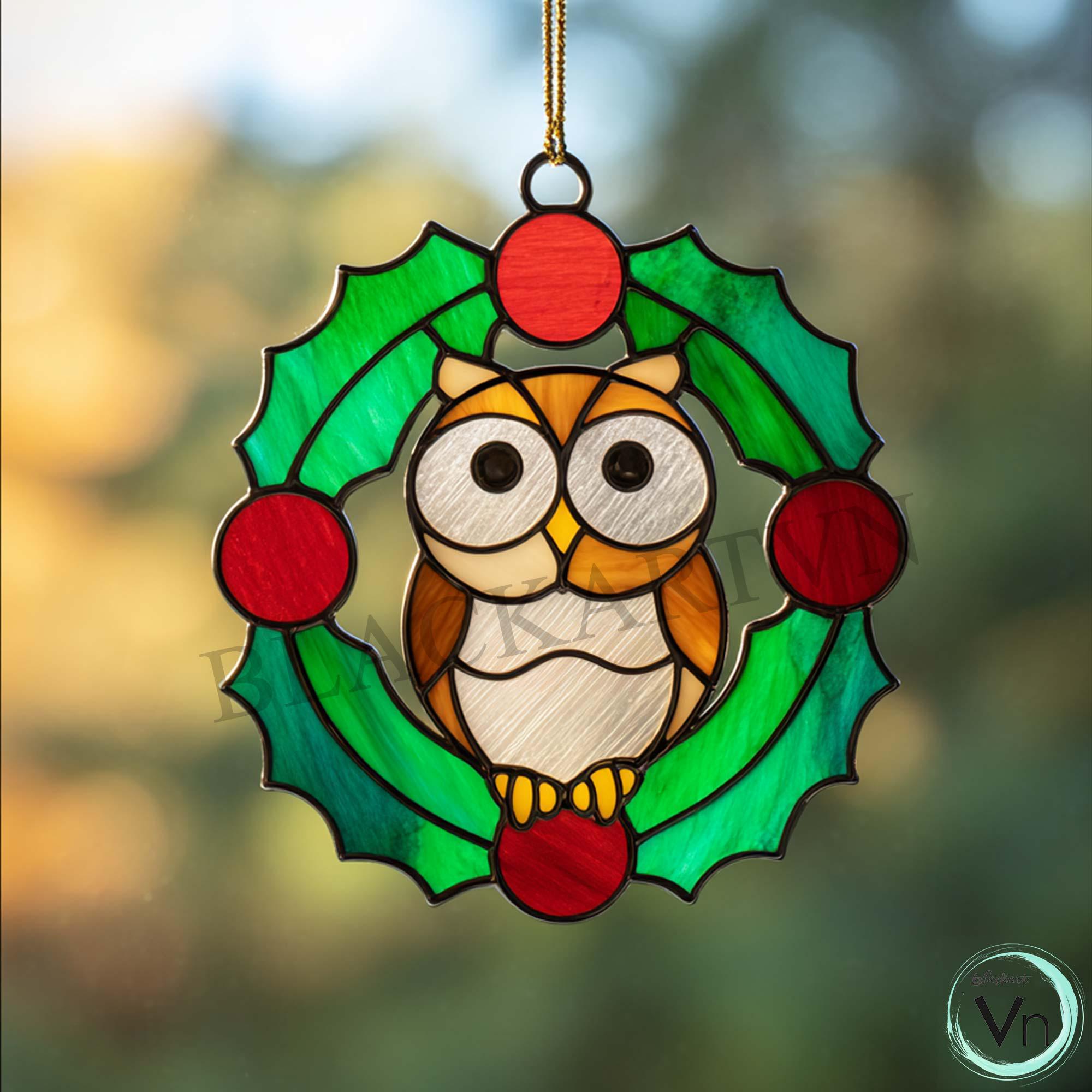 Digital Download OWL and Holly Panel Stained Glass Pattern, Modern Suncatcher, Diy Stained Glass