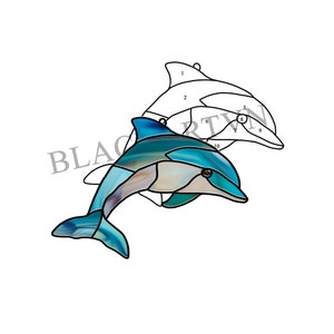May include: A stained glass dolphin design in shades of blue, teal, and cream. The dolphin is depicted with a detailed outline, and the image includes a second, outlined dolphin. The word "BLACK" is partially visible in the image.