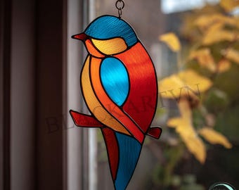Pobierz cyfrowo wzór witrażu z ptakiem, nowoczesny łapacz słońca, witraż DIY, łatwa licencja na hobby artystyczne dla początkujących i średnio zaawansowanych