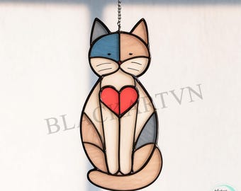 Digital Download Love Cat Stained Glass Pattern,Modern Suncatcher,Diy Stained Glass