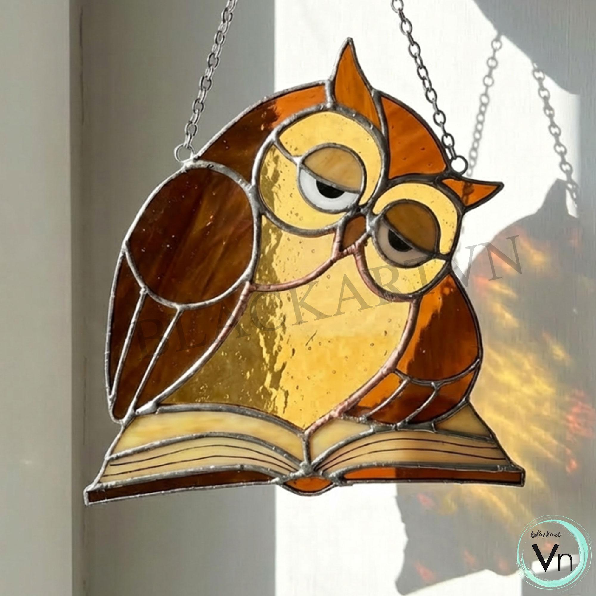 Digital Download Owl read book Stained Glass Pattern, Modern Suncatcher, Diy Stained Glass