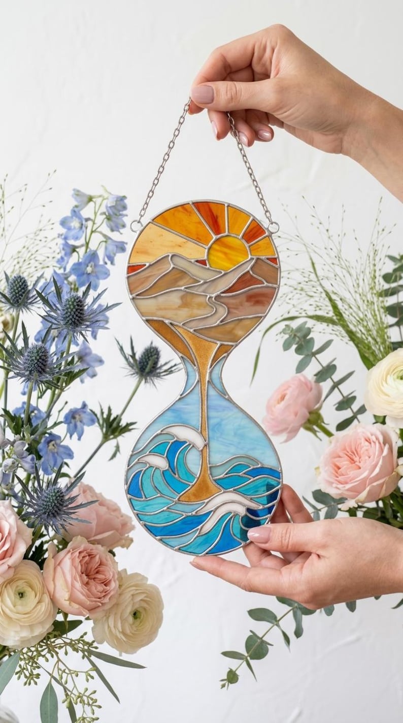 PA167 Hourglass Stained Glass Suncatcher Desert and Ocean Gift for Home ...