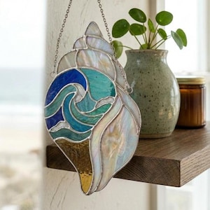 PA123 Sea Shells Stained Glass Nautilus Shell Suncatcher Window Hanging Decor, Beach House Sun Catcher Gift Digital Download