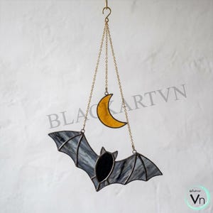 Digital nedladdning Bat an Moon målat glasmönster, modern solfångare, gör-det-själv målat glas tarotmandala