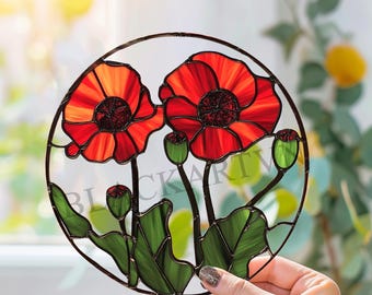 Digital Download poppy flower D01 Stained Glass Pattern, Modern Suncatcher, Diy Stained Glass
