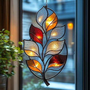Pode incluir: Um pendente de janela em forma de folha de vitral. As folhas são de várias cores, incluindo vermelho, laranja e vidro transparente texturizado, emolduradas em metal escuro. Uma cena exterior desfocada é visível através da janela.