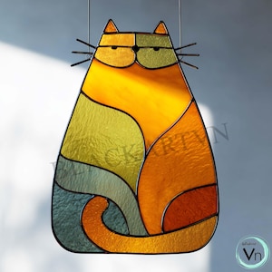Patrón de vitral de gato para descarga digital, atrapasol moderno, vitral para bricolaje