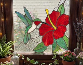 PA70 Stained Glass Window Corner Red Hibiscus Flower & Hummingbird Garden Decor, Handmade Tropical Floral Window Art Home Digital Download