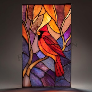 May include: Stained glass panel featuring a vibrant red cardinal perched on a branch. The artwork showcases a colorful mosaic of orange, purple, and blue hues, with a dark border. The design evokes a nature theme.