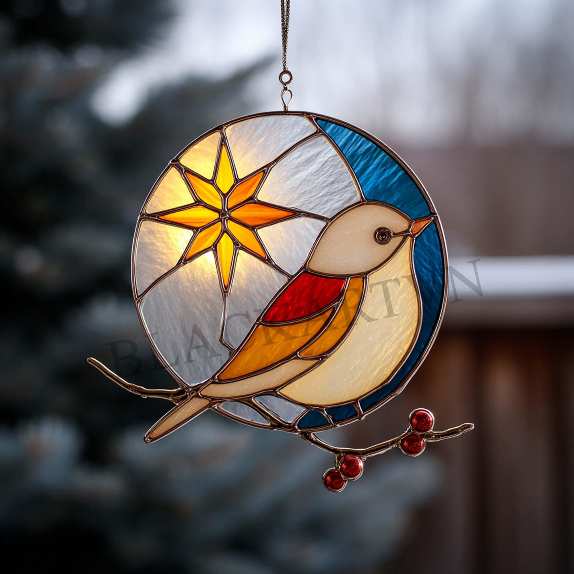 デジタルダウンロード 鳥とクリスマスの星のステンドグラスパターン