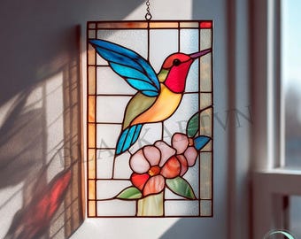 ハチドリカップルのステンドグラスパターン：トロピカルバードサン