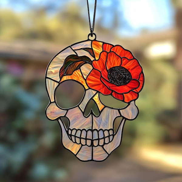 Digital Download Skull and Poppy flower D01 Stained Glass Pattern, Modern Suncatcher, Diy Stained Glass