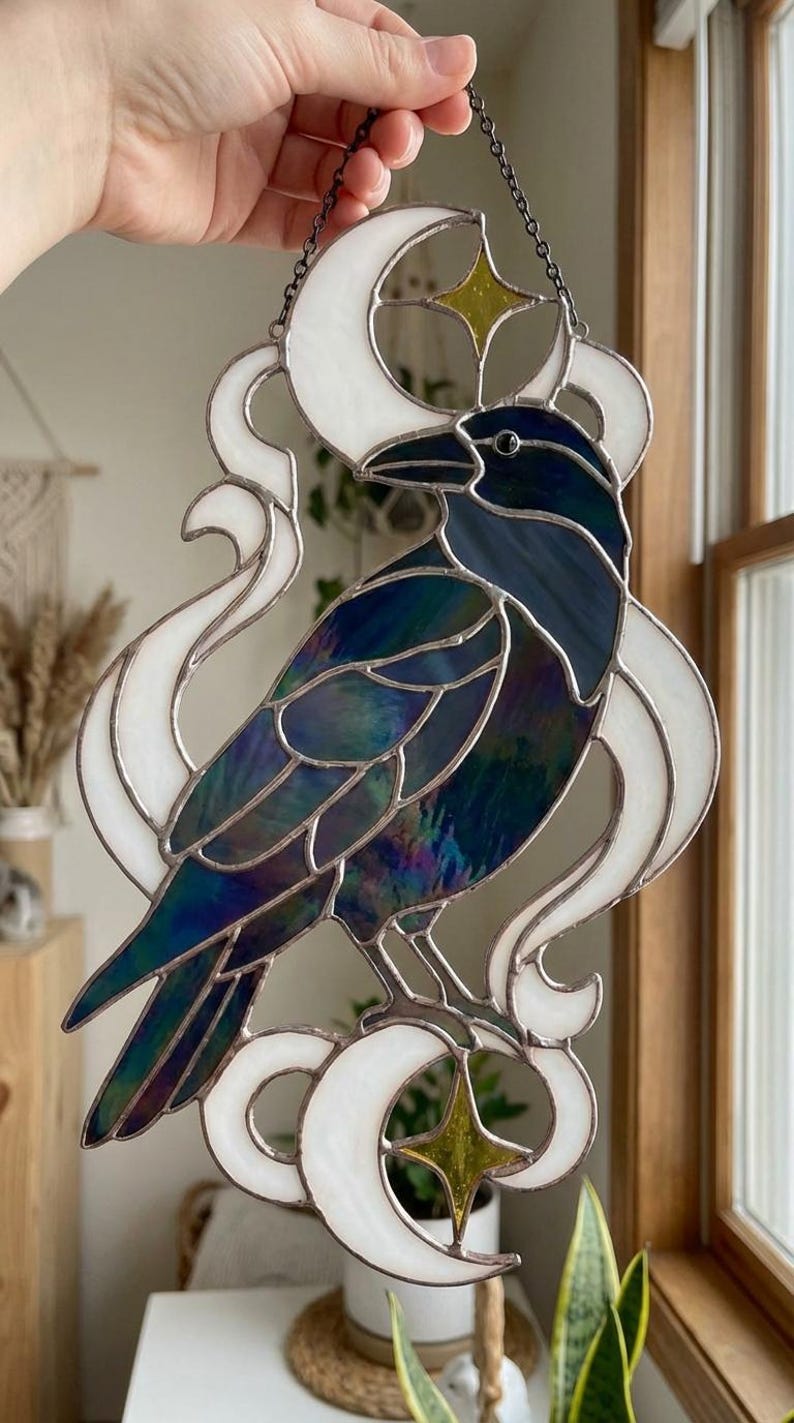 Raven Window Frame PA30 Raven on Moon and Star Stained Glass Suncatcher Gothic Bird Glass ...