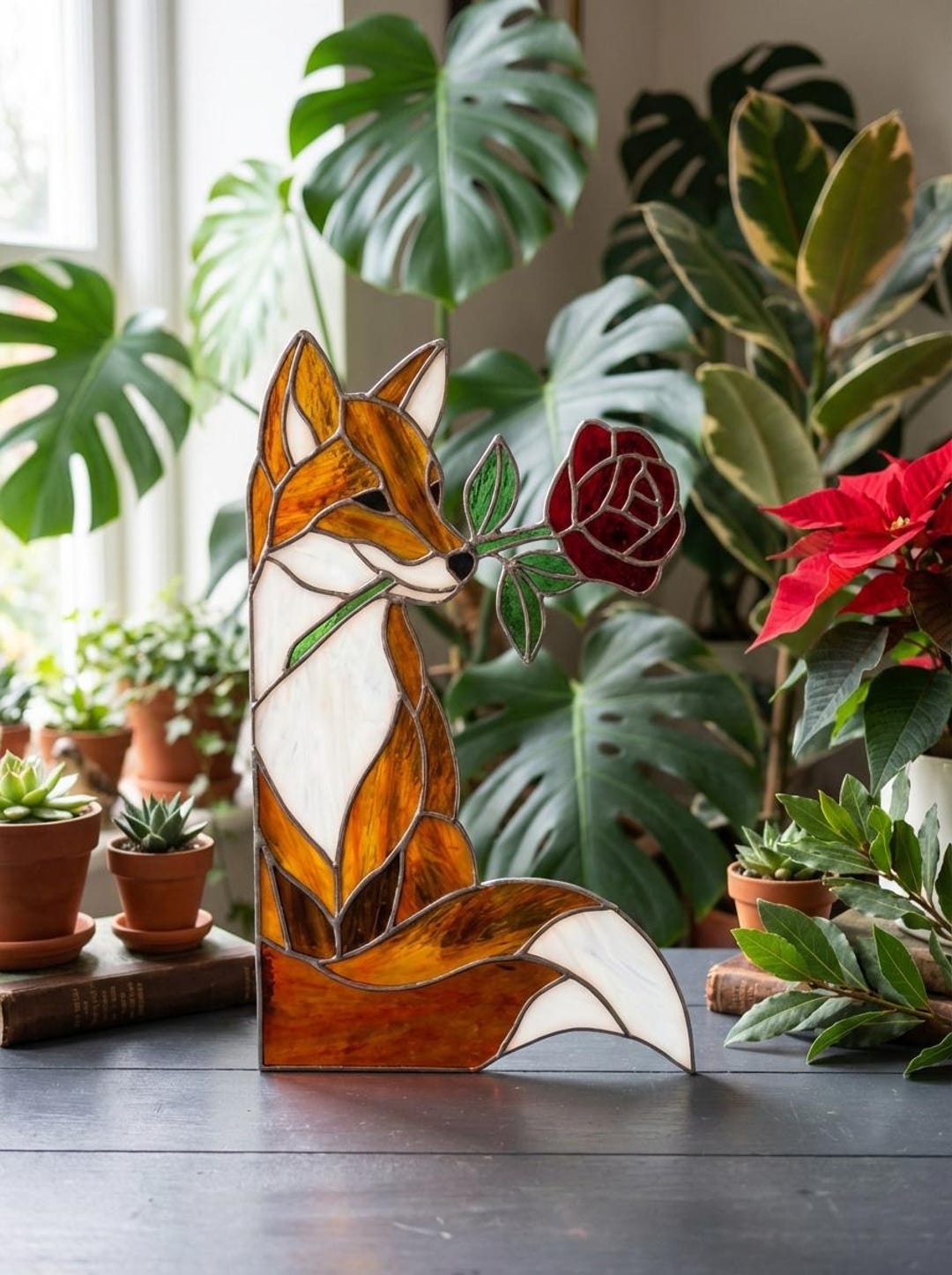 PA75 Stained Glass Window Corner Fox Rose Suncatcher Woodland Floral ...