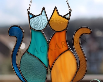 Digitale download Love Cat glas-in-loodpatroon, moderne zonvanger, doe-het-zelf-gebrandschilderd glas