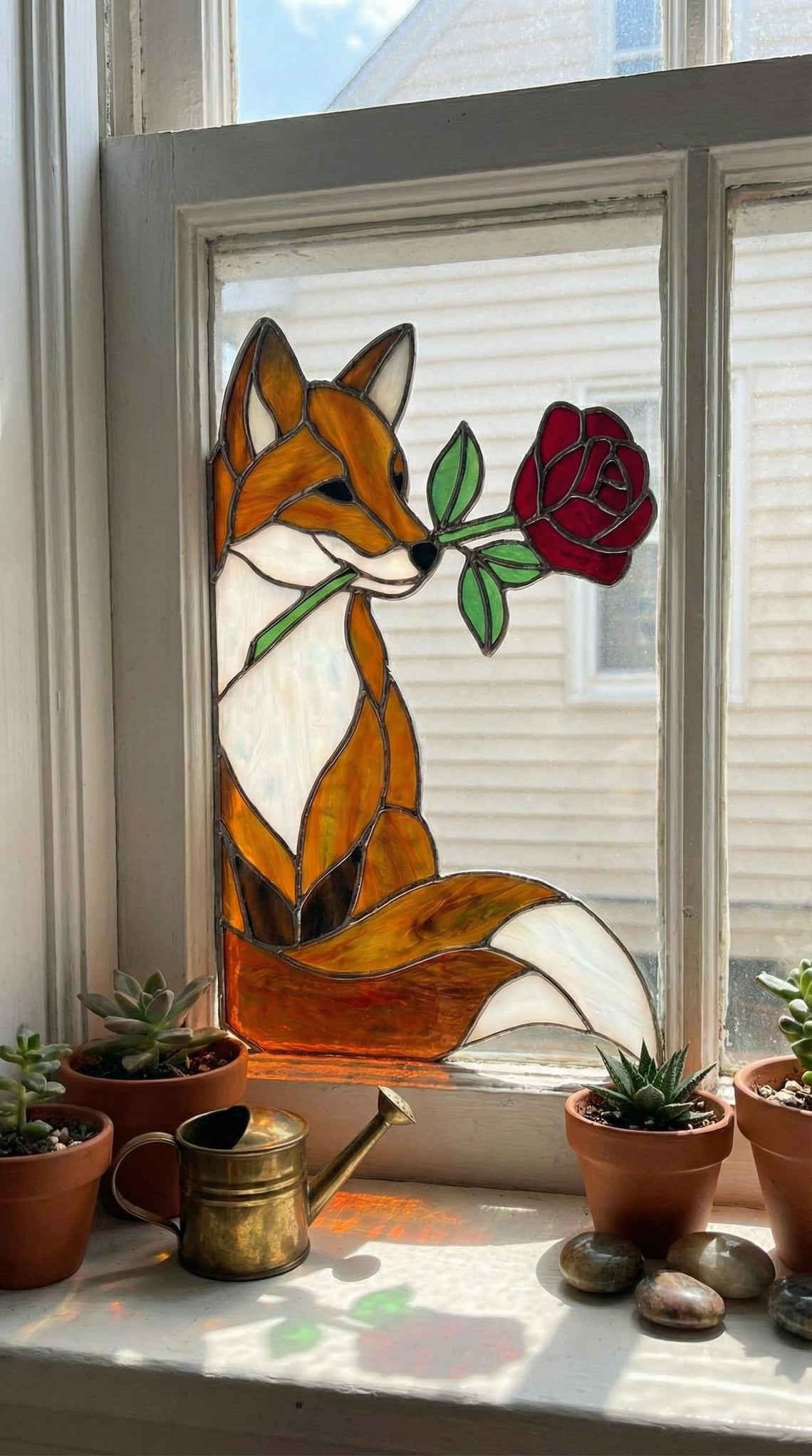 PA75 Stained Glass Window Corner Fox Rose Suncatcher Woodland Floral ...