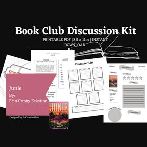 Op de afbeelding: Een zwarte achtergrond met een witte omtrek van een boek en de tekst "Book Club Discussion Kit". De kit bevat afdrukbare PDF-pagina's voor boekrecensies, karakterlijsten en auteurinformatie. De boekomslag van "Junie" is ook zichtbaar.