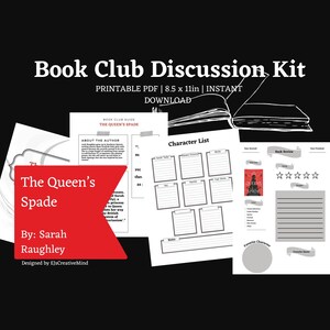 Könnte beinhalten: Druckbarer Diskussionskit für den Buchclub für "The Queen's Spade" von Sarah Raughley. Der Kit enthält eine Charakterliste, eine Buchbesprechung und einen Abschnitt über die Autorin. Der Kit ist 21,6 x 27,9 cm groß.